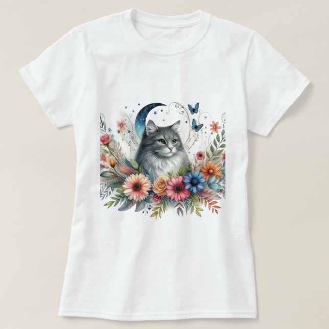 Camiseta Cinza Blue Butterfly Floral (Frente do Design)