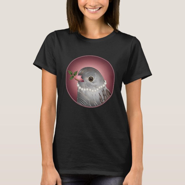 Camiseta Cinza com colar de pérolas e ramificação em bico (Frente)