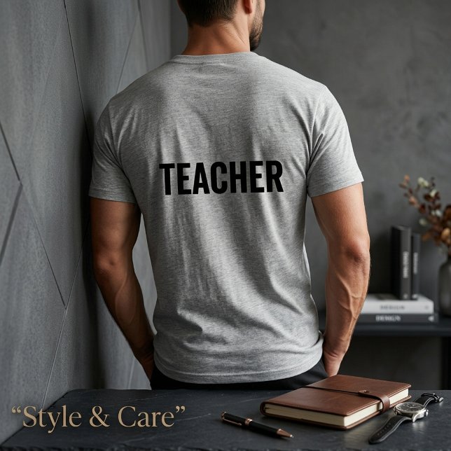 Camiseta cinza com texto PROFESSOR e impressão nas (TEACHER Text Grey T-Shirt with Back Print for Men)