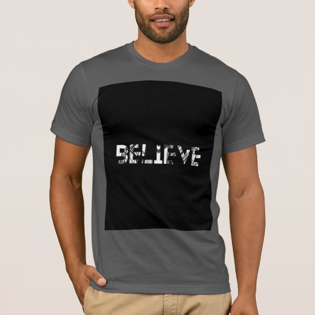 camiseta cinza com título acredite (Frente)