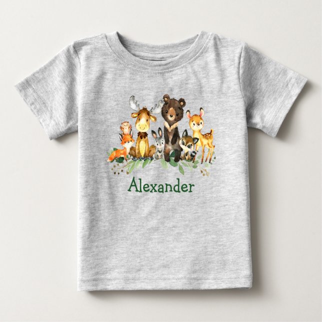 Camiseta Cinza de Animais Florestais de Florestas de Aquare (Frente)