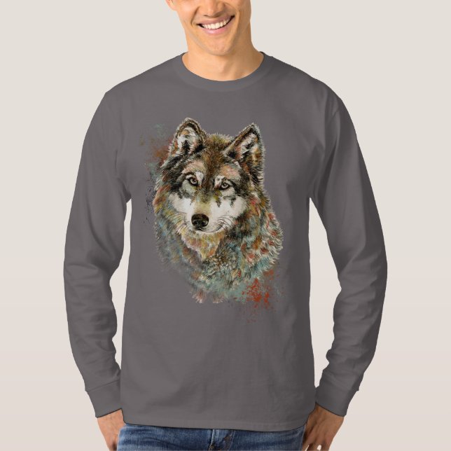 Camiseta Cinza de Aquarelas Wolf Willife Animal Art (Frente)
