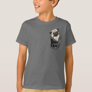Camiseta Cinza de Crianças Pug Pocket