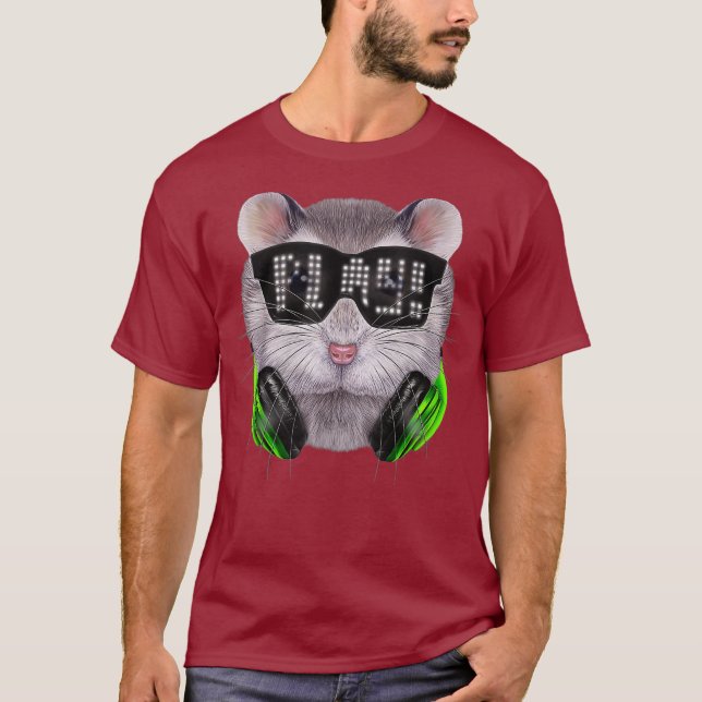 Camiseta Cinza Dwarf Hamster como DJ vestindo Sunglass e (Frente)