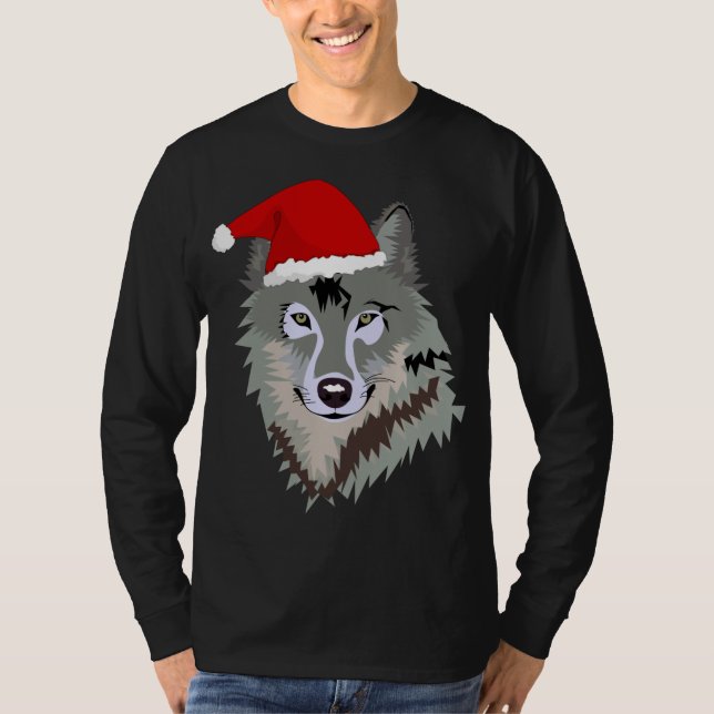 Camiseta Cinza engraçada Wolf Christmas Santa Hat Wolves Ou (Frente)