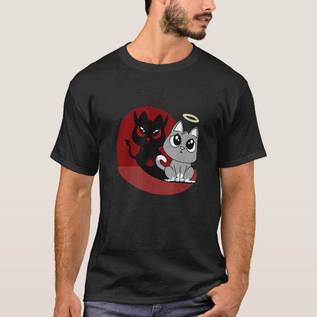Camiseta Cinza Engraçado Cat Devil Angel Bad Cat Mau Shadow (Frente)