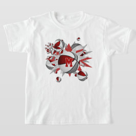 Camiseta cinza vermelha da menina - bolas-cesto - estrelas 