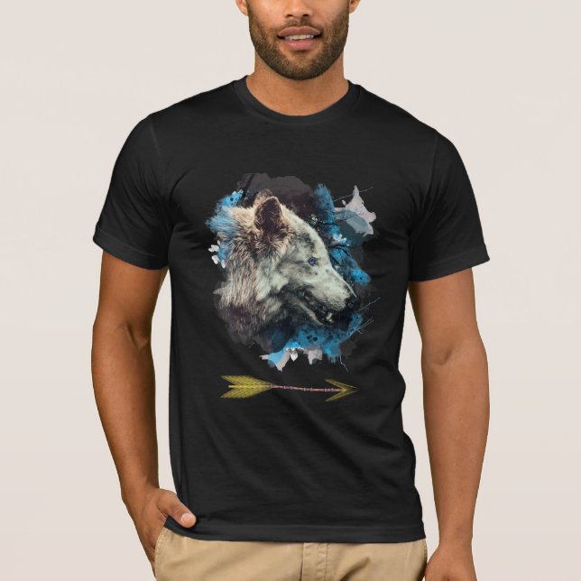 Camiseta *~* Cinza Wolf Totem Blue Painting Boho (Frente)