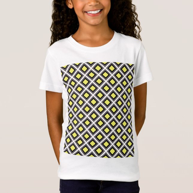 Camiseta Cinzas escuras, diamantes de íkat preto e amarelo  (Frente)