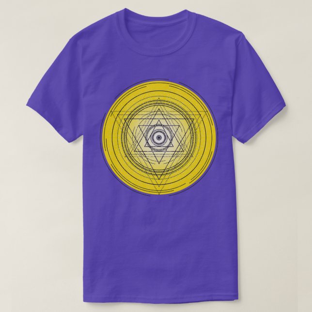 Camiseta Círculo de geometria sagrada amarela com simbolo a (Frente do Design)