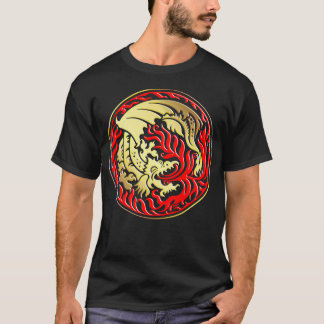 Camiseta Círculo Dragônico - Dourado com Fogo Vermelho