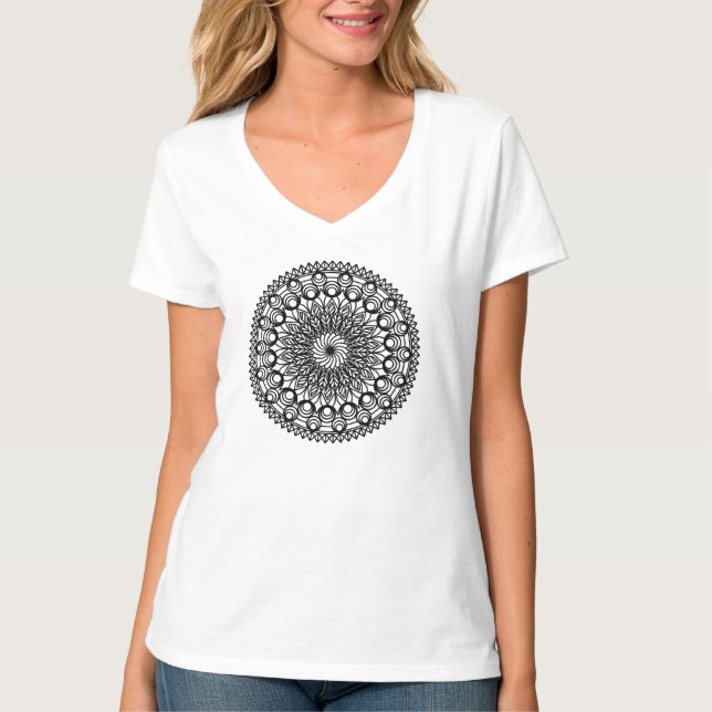 Camiseta Círculos de Mandala Preta e folhas (Frente)
