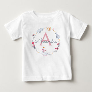 Camiseta Cisne rosa-claro e coroa floral solar com monogram