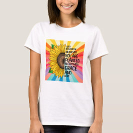 Camiseta Citação Inspirativa e girassol desenhado à mão
