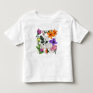 Camiseta Citação positiva Ser Feliz e flores de jardim