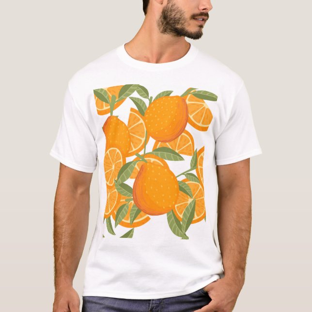 Camiseta Citrus Delight: Padrão de Fruta Laranja (Frente)