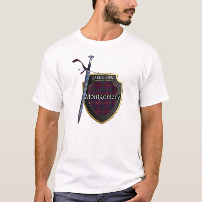 Camiseta Clan Montgomery Tartan Scottish Shield & Sword (Frente)