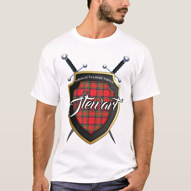 Camiseta Clan Stewart Tartan Scottish Shield (Frente)