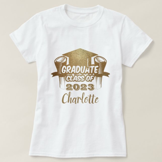 Camiseta Classe de Formando na moda de 2023 Dourado Name T- (Frente do Design)