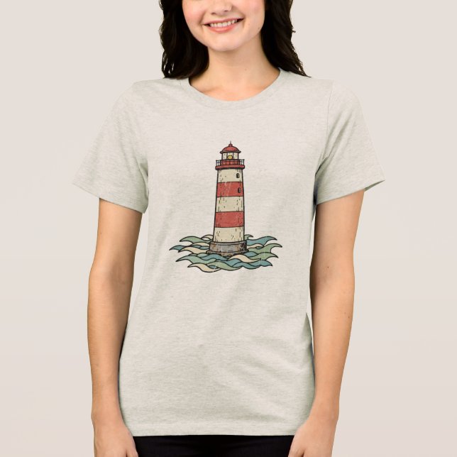 Camiseta Classic Red & White Lighthouse with Ocean Waves (Frente)