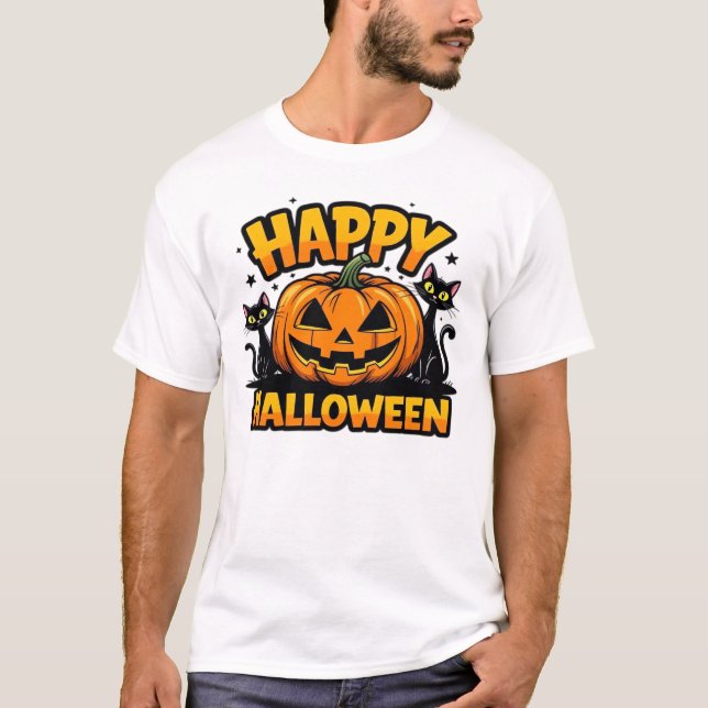 Camiseta Clássica de Halloween de Gato Preto_2 (Frente)