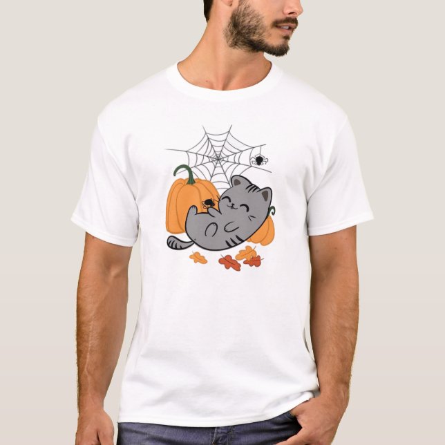 Camiseta Clássica do Gatinho de Halloween e Aranha (Frente)