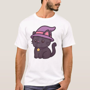 Camiseta Clássica Gato de Bruxa Kawaii com Chapéu