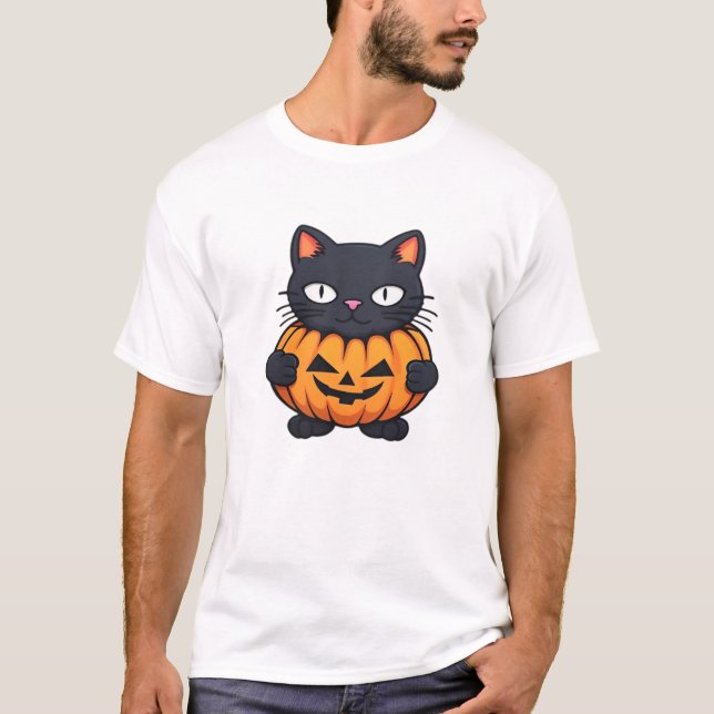 Camiseta Clássica Gato de Halloween Preta (Frente)
