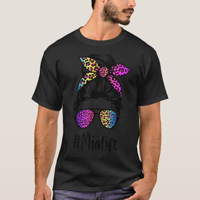 Camiseta Clássica Mia vida Messy Bun Rainbow Leopard da Mãe (Frente)