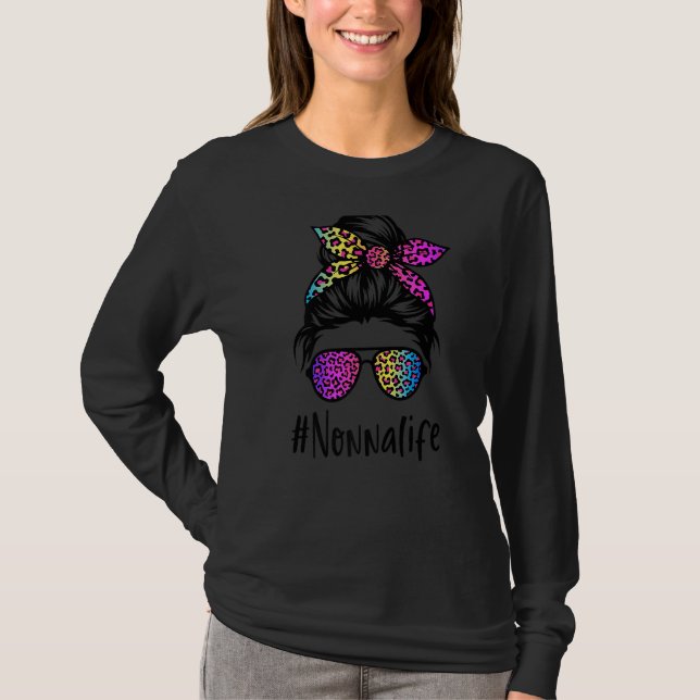 Camiseta Clássica não-na vida Messy Bun Rainbow Leopard Mãe (Frente)