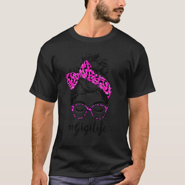 Camiseta Clássico Gigi Life Messy Bun Pink Leopard Imprima  (Frente)