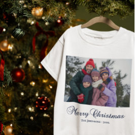 Camiseta Clássico Natal Feliz Caligrafia Foto de Família