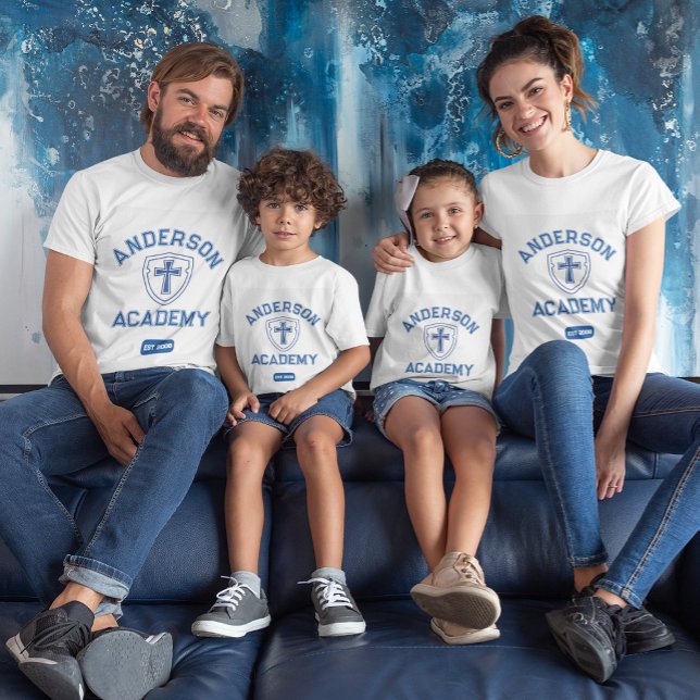 Camiseta Clássico Texto Azul Cruzado e Escola de Blindagem (Criador carregado)