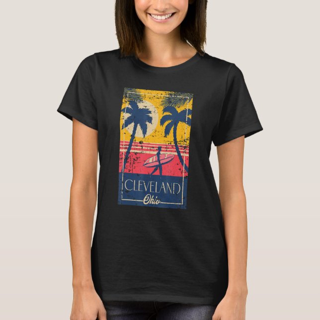 Camiseta Cleveland Ohio Retro Palm Trees Surf Distressed De (Frente)