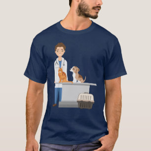 Camiseta Clínica Veterinária do Homem com Gato e Cachorro d