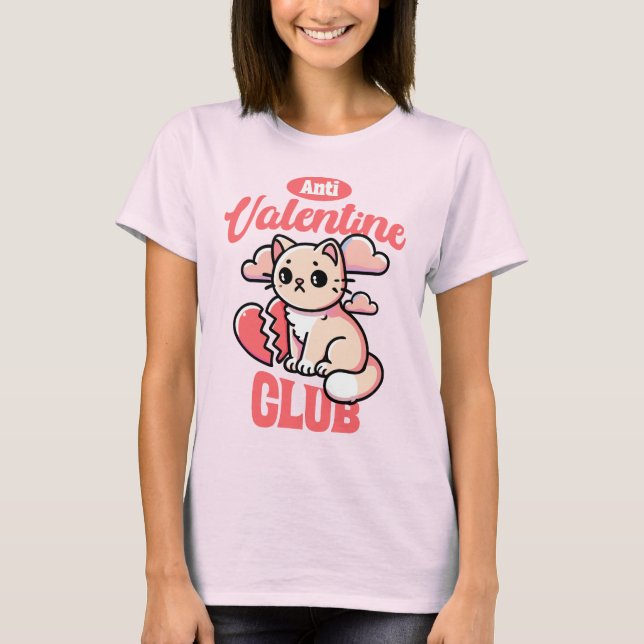 Camiseta Clube Anti-Namorados - Engraçado Design de Gato (Frente)