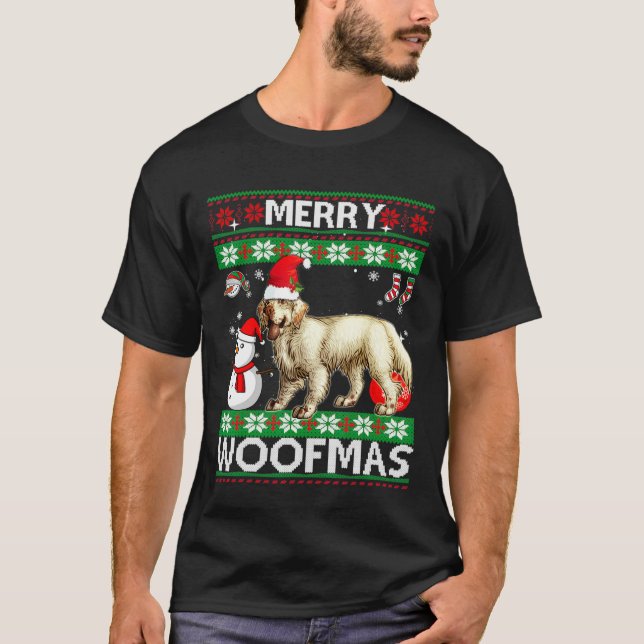 Camiseta Clumber Spaniel Feliz Woofmas Natal (Frente)