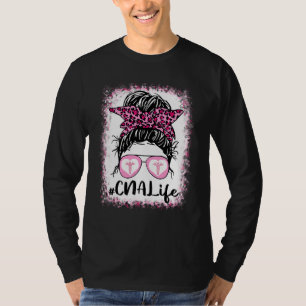 Camiseta Cna Life Messy Bun Pink Leopard Bleached Nurse D