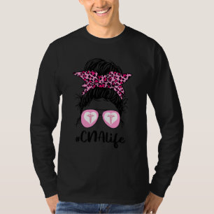 Camiseta Cna Life Messy Bun Pink Leopard Bleached Nurse D