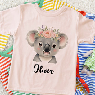 Camiseta Coala Fofo Vestindo Coroa Feita de Flores Colorida