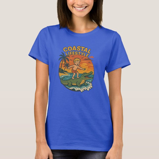 Camiseta Coastal Lifestyle Gator Surfing - Retro Surf Beach (Frente)