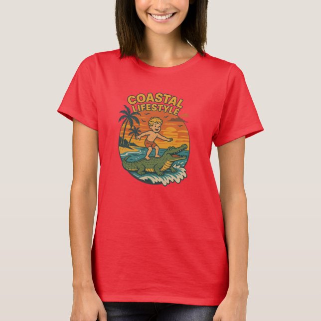 Camiseta Coastal Lifestyle Gator Surfing - Retro Surf Beach (Frente)