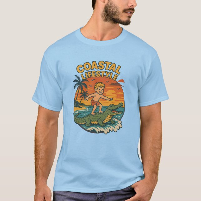 Camiseta Coastal Lifestyle Gator Surfing - Retro Surf Beach (Frente)