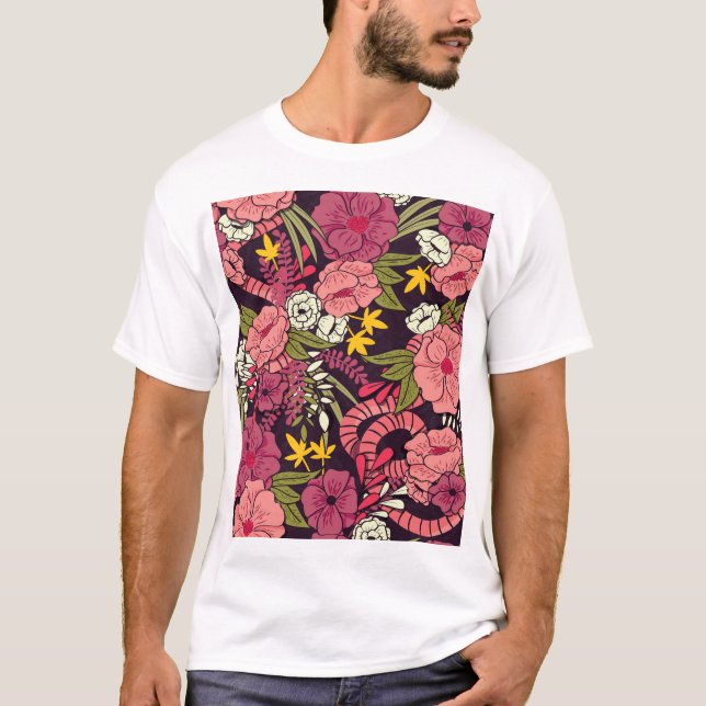 Camiseta Cobras da selva, flores tropicais, padrão de colhe (Frente)