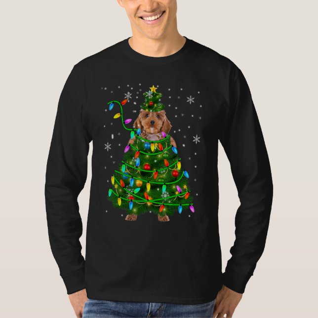 Camiseta Cockapoo Árvore de Natal Luzes de Natal Cockapoo (Frente)