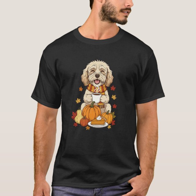 Camiseta Cockapoo Engraçado Café Outono Dia de Ação de Graç (Frente)