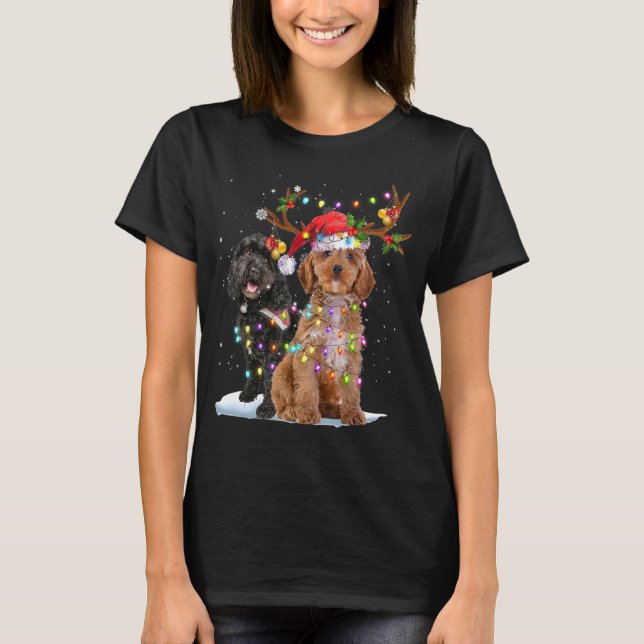 Camiseta Cockapoo Reindeer Santa Hat Natal Luzes de Natal (Frente)