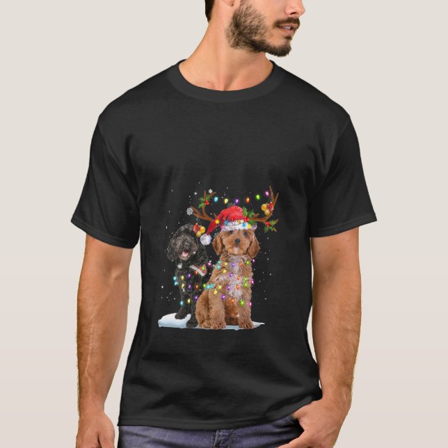 Camiseta Cockapoo Reindeer Santa Hat Natal Luzes de Natal (Frente)