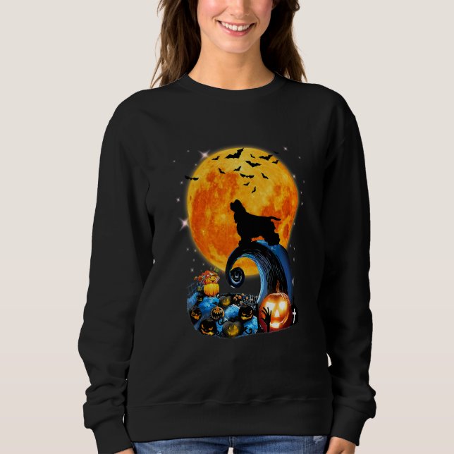 Camiseta Cocker Spaniel Cão Lua Penhasco Abóbora Halloween (Frente)