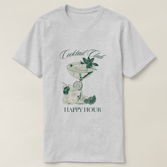 Camiseta "Cocktail Club Happy Hour"  Retro Drink Lovers Tee (Frente do Design)